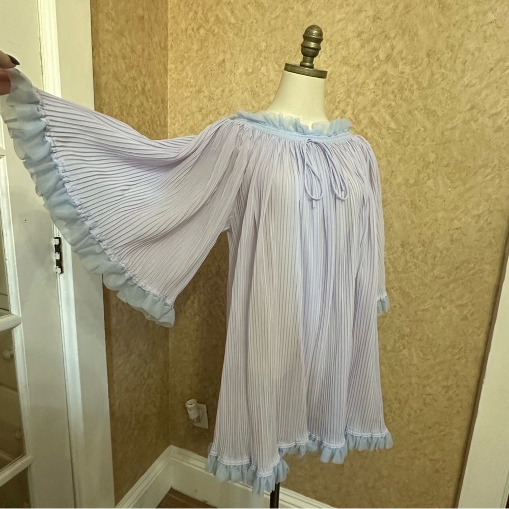 VTG 50s Purple Pleated Ruffled Bell Sleeve Babydoll Chiffon Sheer Lingerie Dress